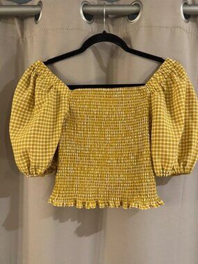 BB Dakota Yellow Gingham Smocked Puff-Sleeve Top